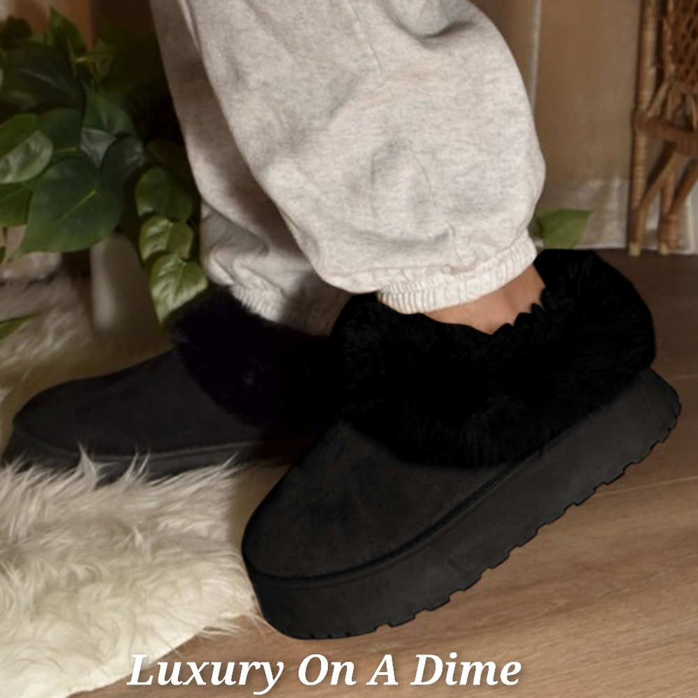 Wild Diva Platform Slippers Tazzette Faux Fur Vegan Suede Boots Slip-on Shoes